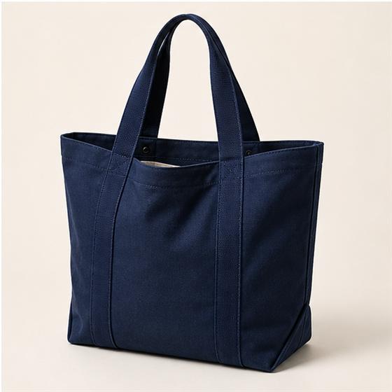 Structured navy tote bag with gussets and full handles